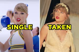 On the left, Taylor Swift in the "Shake It Off" music video labeled "single," and on the right, Taylor Swift in the "Willow" music video labeled "taken"