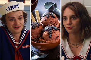 Maya Hawke作为罗宾布克利和乔克里·吉莉作为史蒂夫·哈灵顿在节目中的“陌生人”和巧克力冰淇淋圣代夫人，洒上洒上巧克力酱。