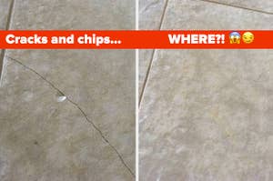 first image is a tile with a crack and chip in it and second is the same reviewer's tile looking smooth and perfect again after using a filler