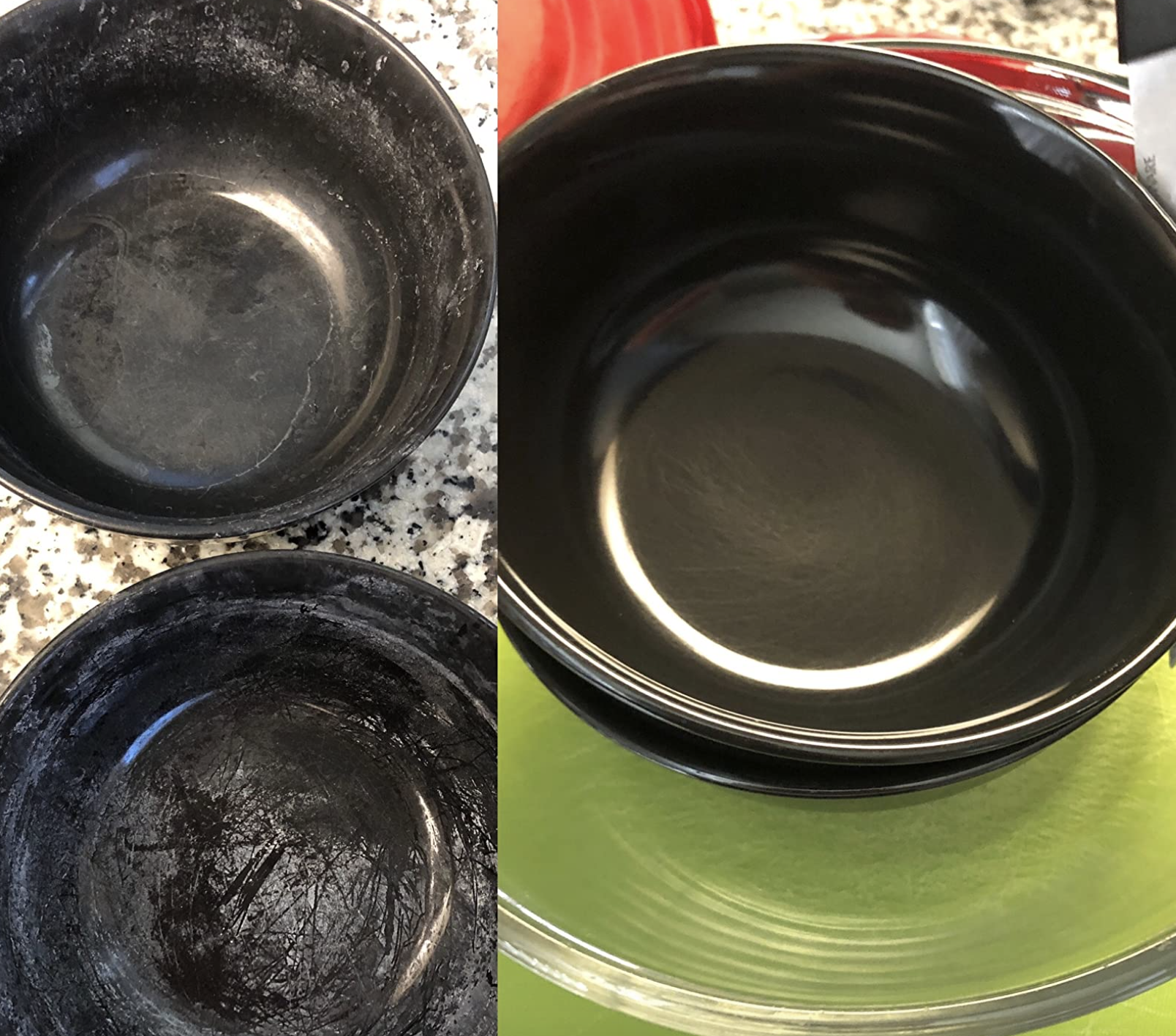 before image of bowls with hard water grime on dishes and after image showing clean bowls after ran in dishwasher with powder