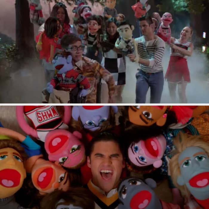 The Glee Club with puppets chasing Artie and Blaine singing with the Glee Club puppets on Glee