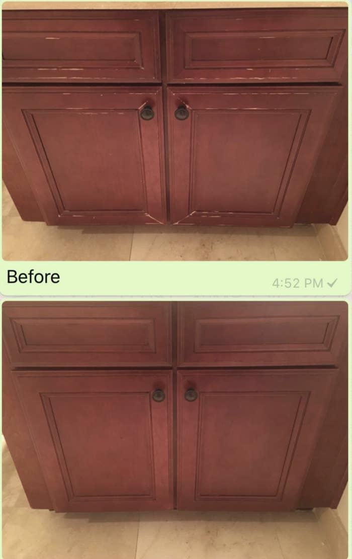 top shows a wooden cabinet with light-colored scratches all over it and the bottom shows the same cabinet with zero scratches and no more discoloration