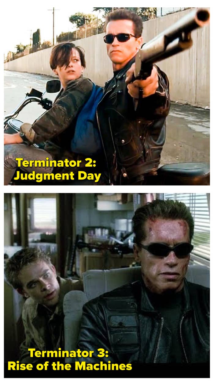 Schwarzenegger and Furlong in T2 and Schwarzenegger and Stahl in T3 