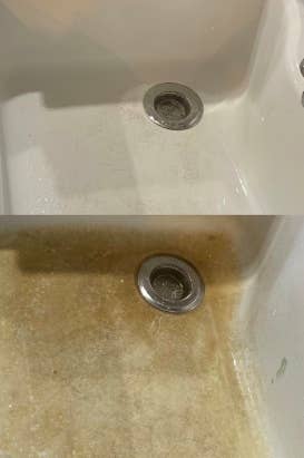 Different reviewer's sink covered in yellow muck and rust wiped clean and white after using product 
