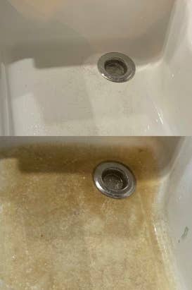 Different reviewer's sink covered in yellow muck and rust wiped clean and white after using product 