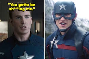 Steve Rogers in "Avengers: Endgame" saying, "You gotta be shitting me" side by side with John Walker as Captain America