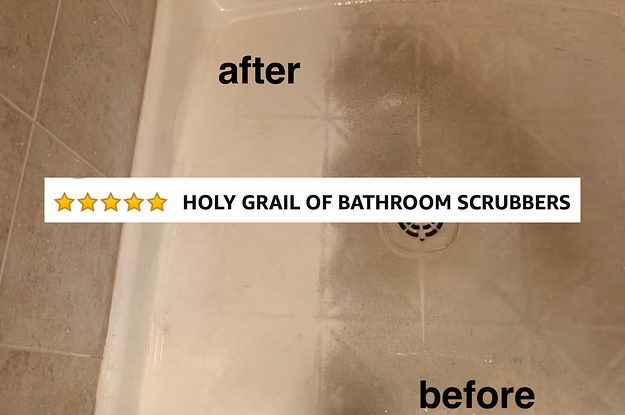 shower floor with half of it scrubbed with brush and all the dirt and grime gone