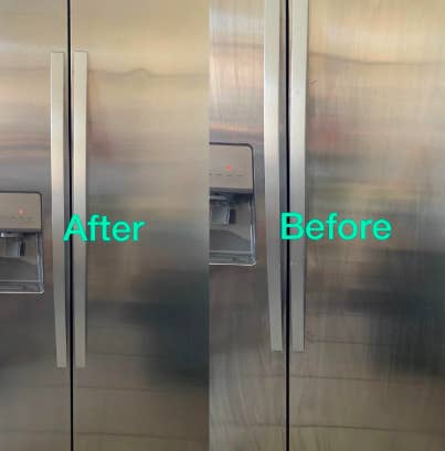 Stainless steel fridge with no stains after using product and wipe stains before 