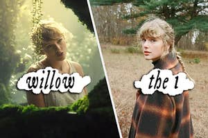 taylor swift in a bright green forest and then in a brown field, the grass gone with summer as fall descends 