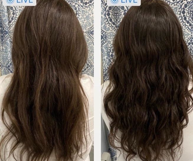 a reviewer&#x27;s hair with some light highlights in it next to the after photo of their hair looking darker brown