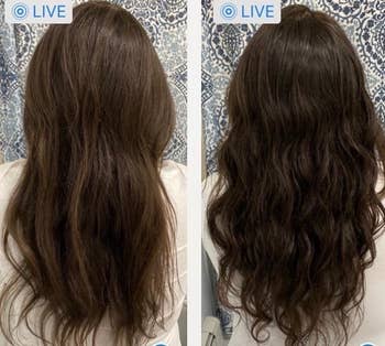 a reviewer's hair with some light highlights in it next to the after photo of their hair looking darker brown