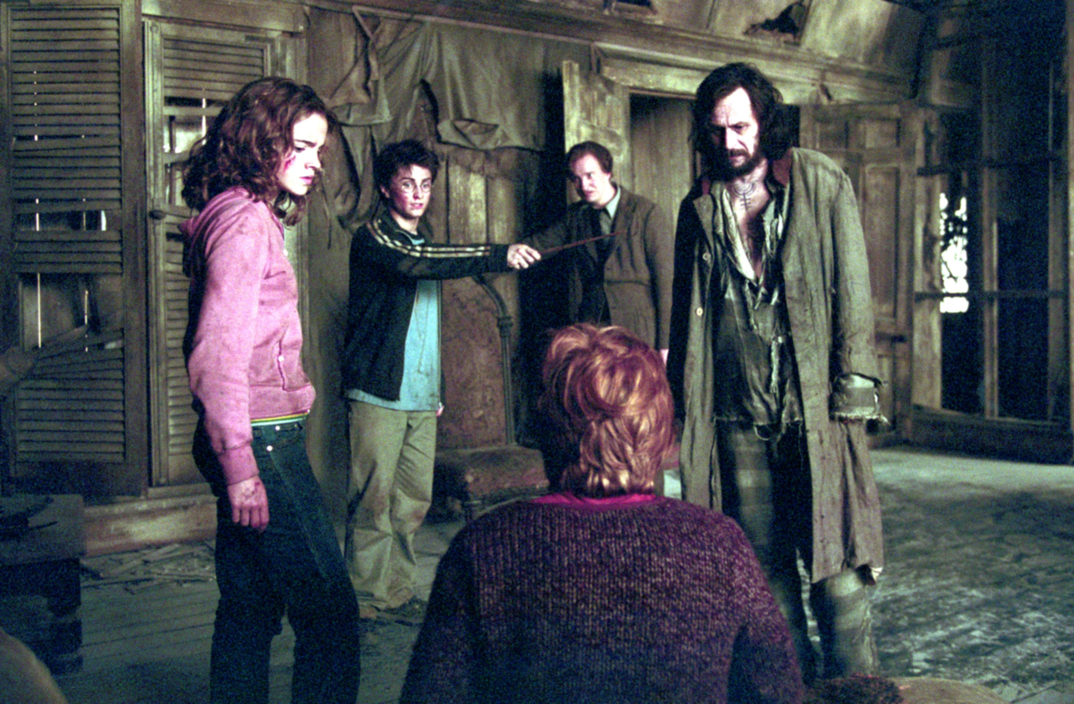 Harry, Hermione, Remus, Sirius, and Ron stand in the Shrieking Shack