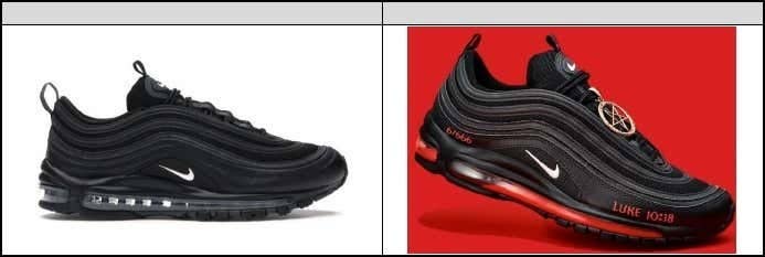 A black Nike sneaker is seen beside the same shoe modified with a pentagram and a reference to Luke 10:18