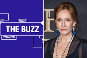 Splitscreen of purple graphic with THE BUZZ in white letters on the left side and a photo of JK Rowling on the right side (CREDIT: GETTY)