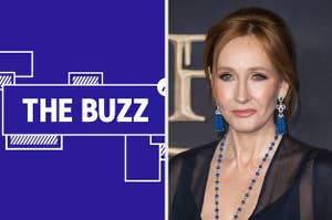 Splitscreen of purple graphic with THE BUZZ in white letters on the left side and a photo of JK Rowling on the right side (CREDIT: GETTY)