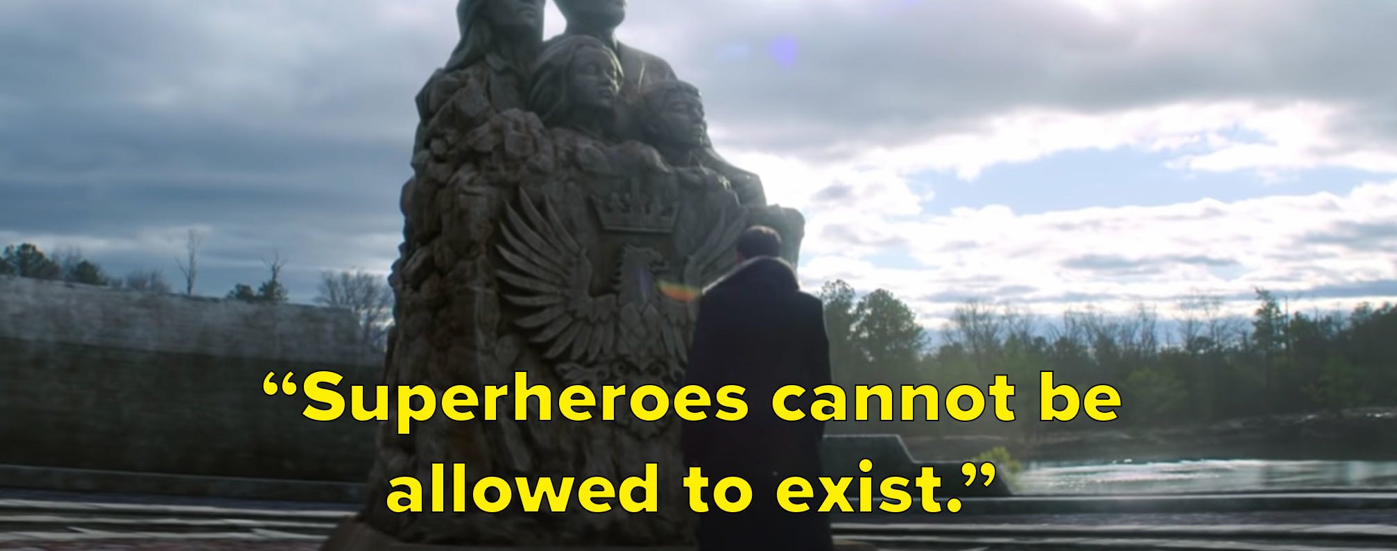 Zemo stands in front of a statue. A caption reads, &quot;Superheroes cannot be allowed to exist&quot;