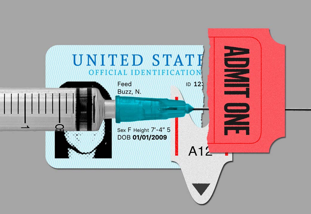 An illustration shows an ID card, a take-a-number ticket, an &quot;admit one&quot; movie ticket, and a syringe lying perpendicular among these items