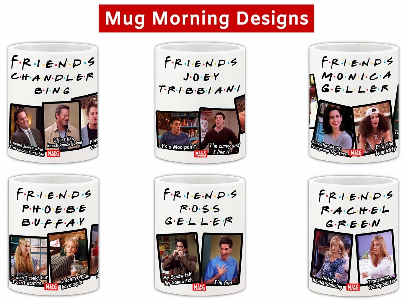 6 mugs with different friends characters on them 