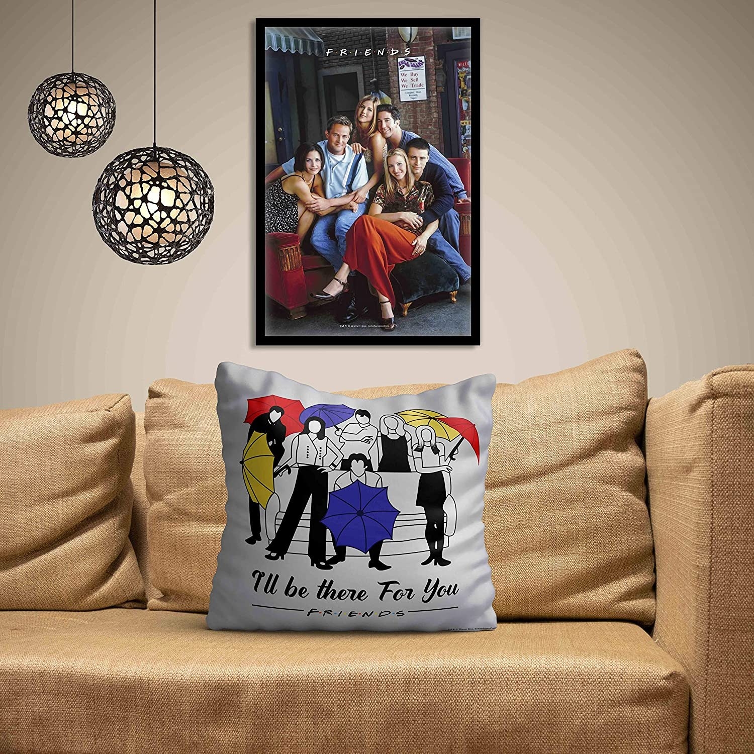 A sofa with the Friends cushion cover on it