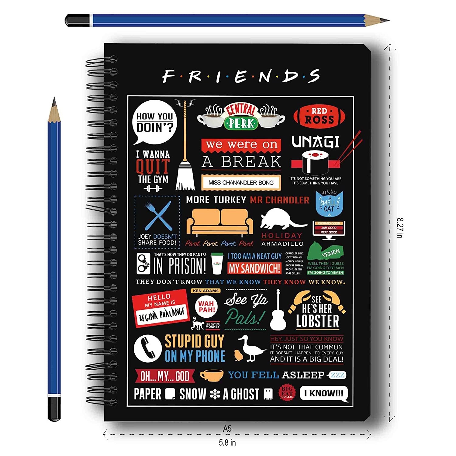 A notebook with Friends references on the cover 
