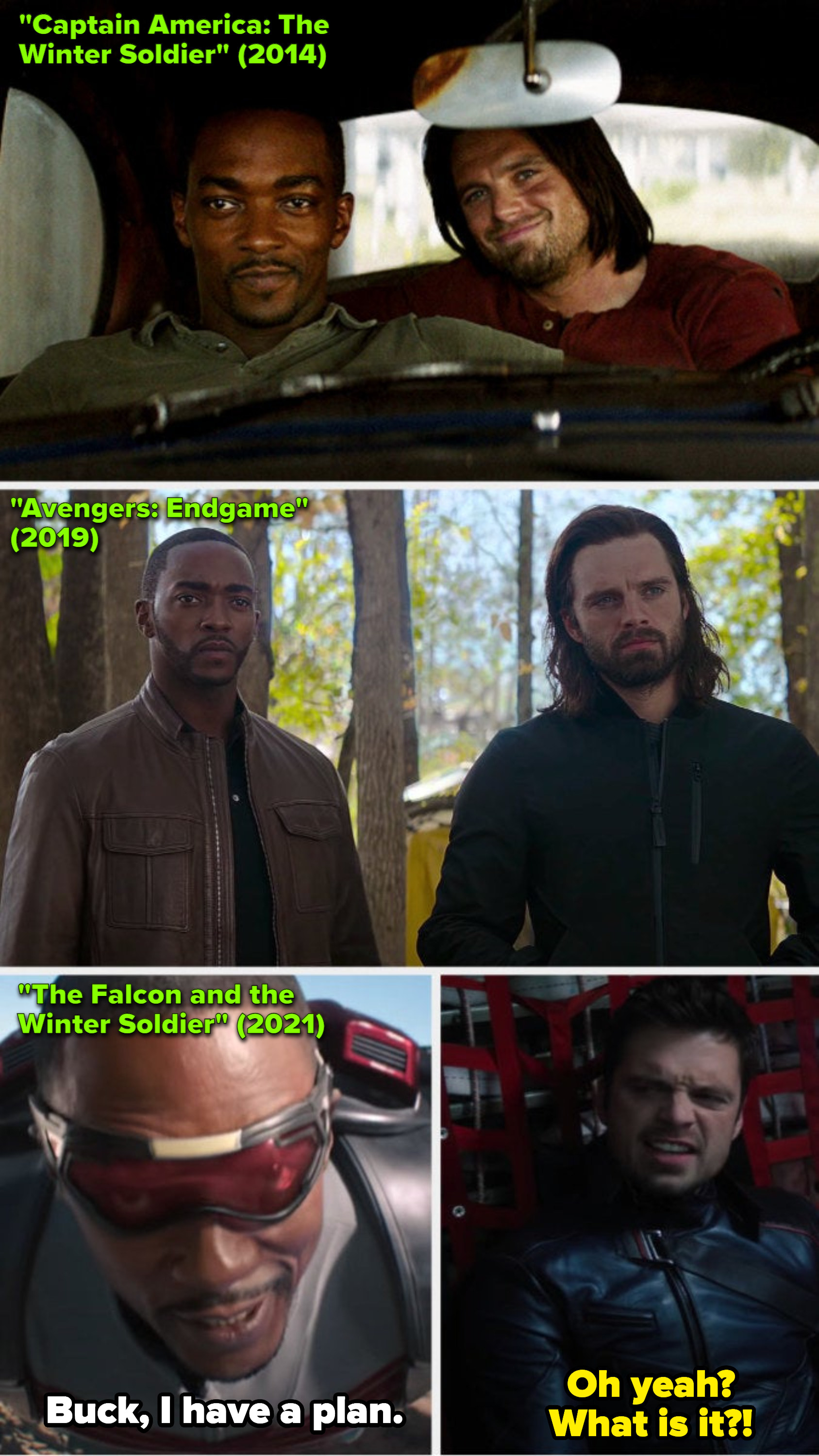 Stan and Mackie in "The Winter Solider" (2014); Stan and Mackie in "Avengers: Endgame" (2019); Stan and Mackie in "The Falcon and the Winter Solider" (2021)