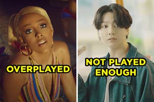 On the left, Doja Cat in the "Say So" music video labeled "overplayed," and on the right, BTS in the "Dynamite" music video labeled "not played enough"