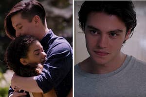 A couple is on the left hugging with a teen leaning against the lockers