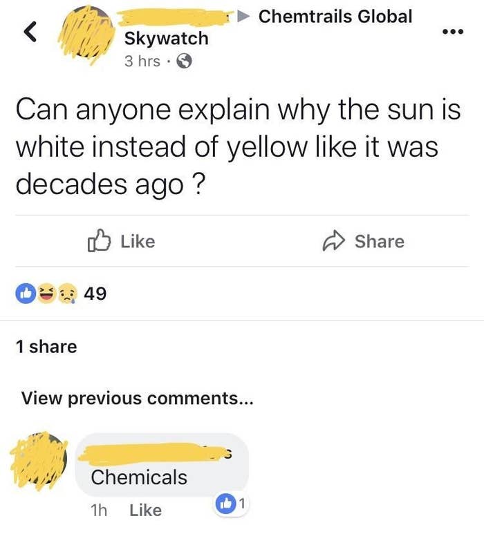 facebook conversation where someone says the sun used to be yellow not white because of chemicals
