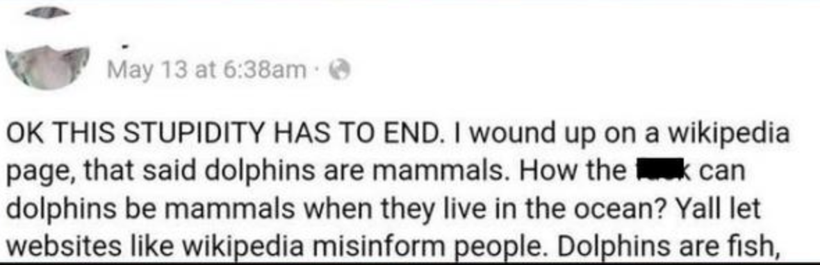 facebook post where someone says dolphins are fake