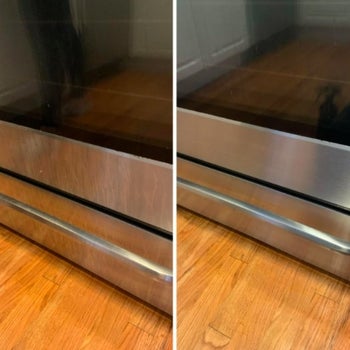 A reviewer showing before and after of a stainless steel oven after being cleaned with stainless steel cleaner