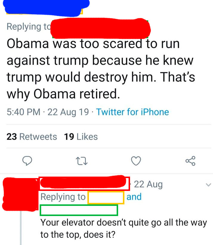 twitter conversation where someone says obama was scared to run against trump