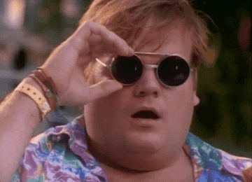 gif of Chris Farley in the TV show &quot;SNL looking shocked and lifting the sunglass part of his sunglass glasses