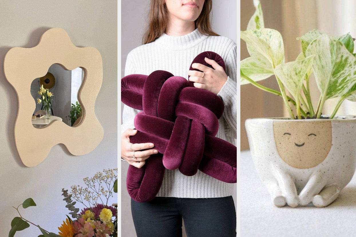 a curvy beige mirror; a model holding a purple knot pillow; an anthropomorphic planter