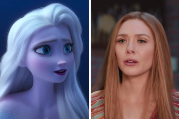 Elsa is on the left looking toward the center with Wanda on the right looking confused