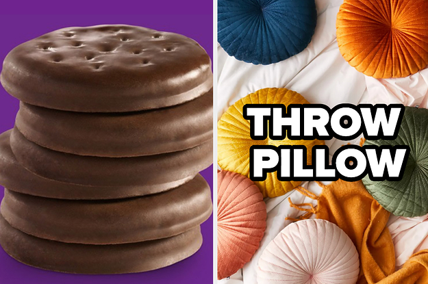 A stack of Thin Mints are on the left with round pillows on the right labeled,