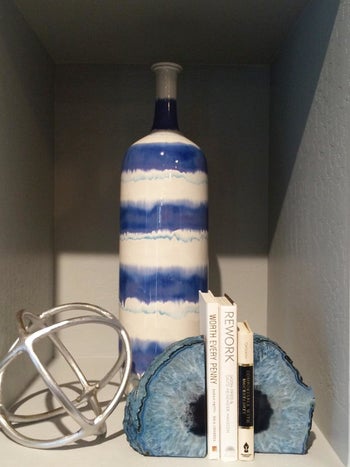 Reviewer geode bookends on shelf