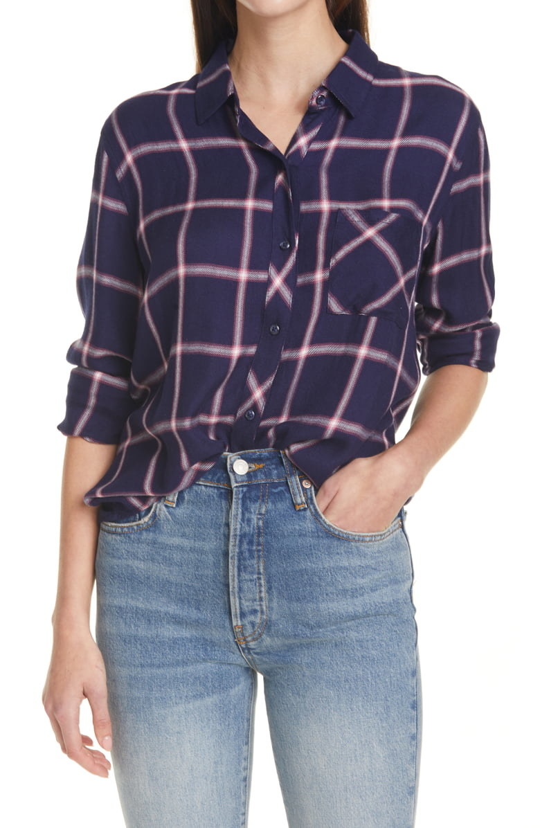 woman wearing navy and pink collared plaid shirt