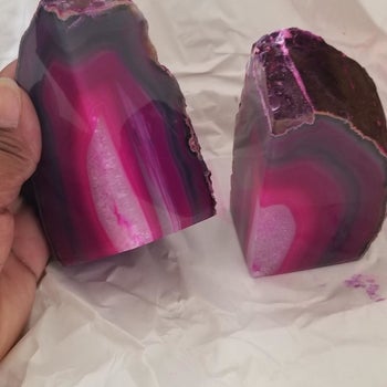 Reviewer geode bookends in hand