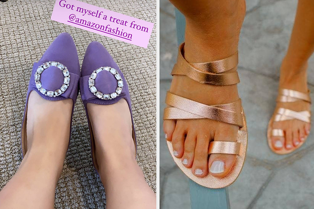 feet wearing lavender embellished slides with the text
