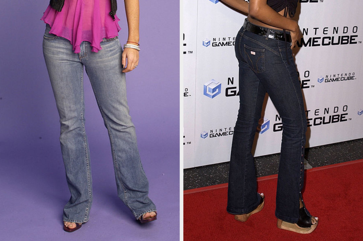 Lindsay Lohan in a 2004 photoshoot wearing long wide-leg jeans and Traci Bingham in 2001 wearing similar jeans