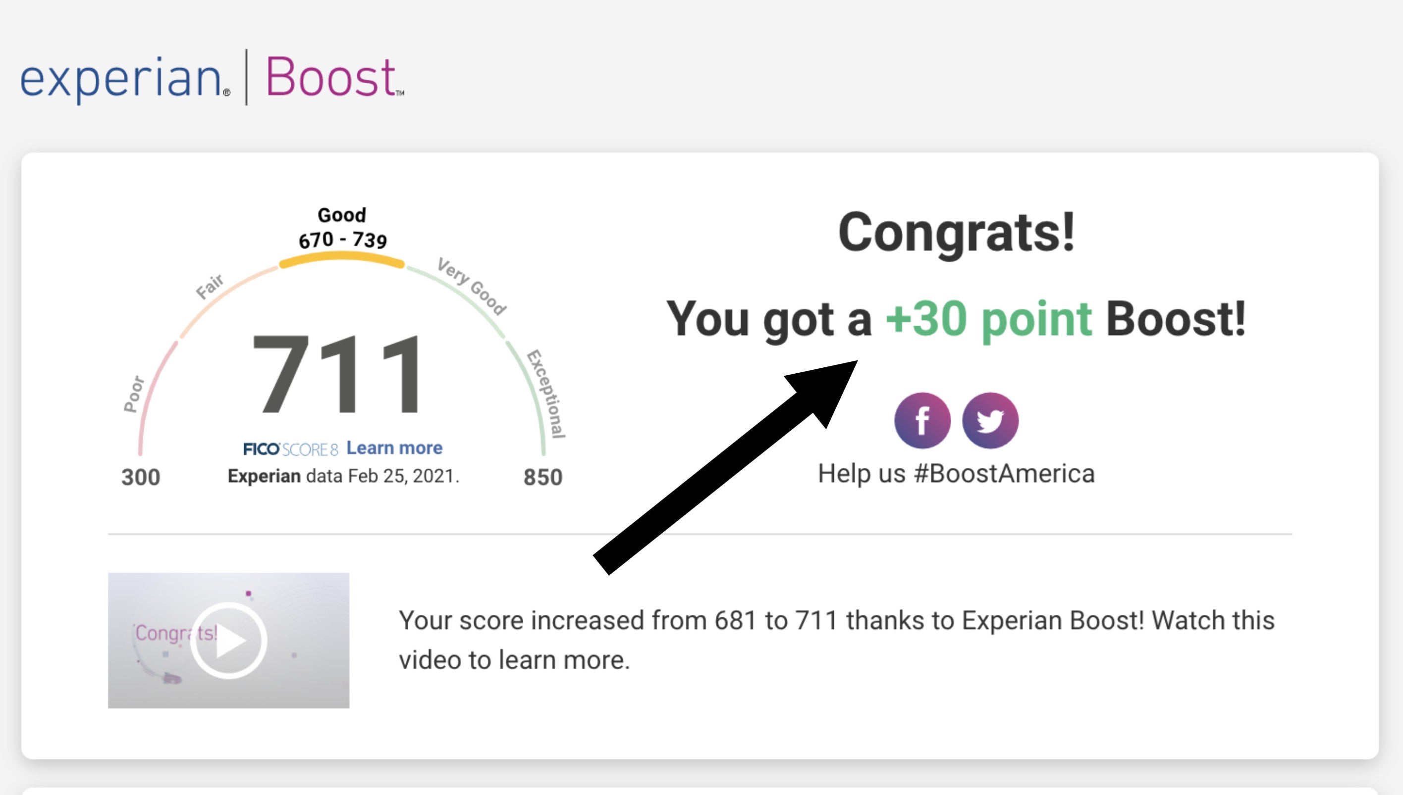 Screenshot showing a credit score increase of 30 points, bringing my score to 711