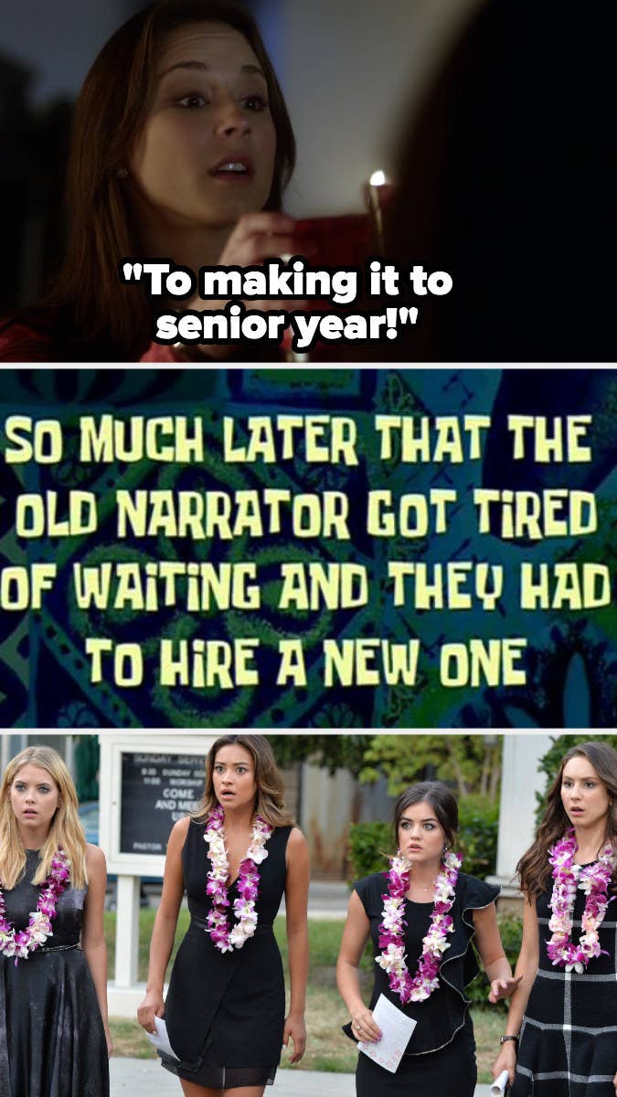 &quot;Pretty Little Liars&quot; graduation alongside SpongeBob &quot;so much later that the old narrator got tired of waiting and they had to hire a new one&quot; title card