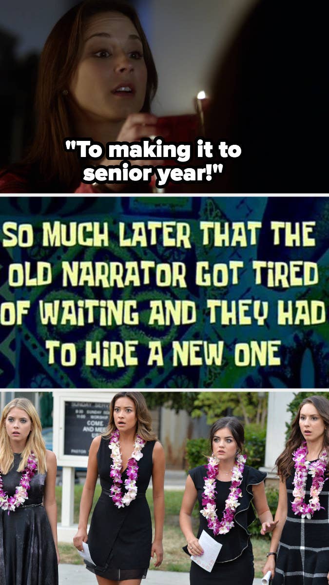 "Pretty Little Liars" graduation alongside SpongeBob "so much later that the old narrator got tired of waiting and they had to hire a new one" title card
