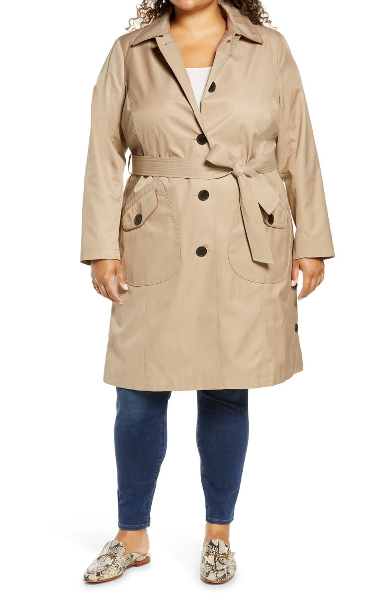 sand colored trench coat with front pockets and removable belt