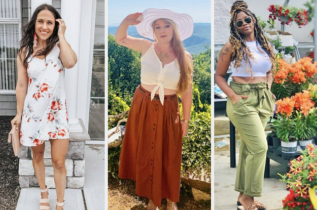 to the left: a person in a white floral dress, middle: a person in an orange skirt, to the right: a person in green paper bag pants