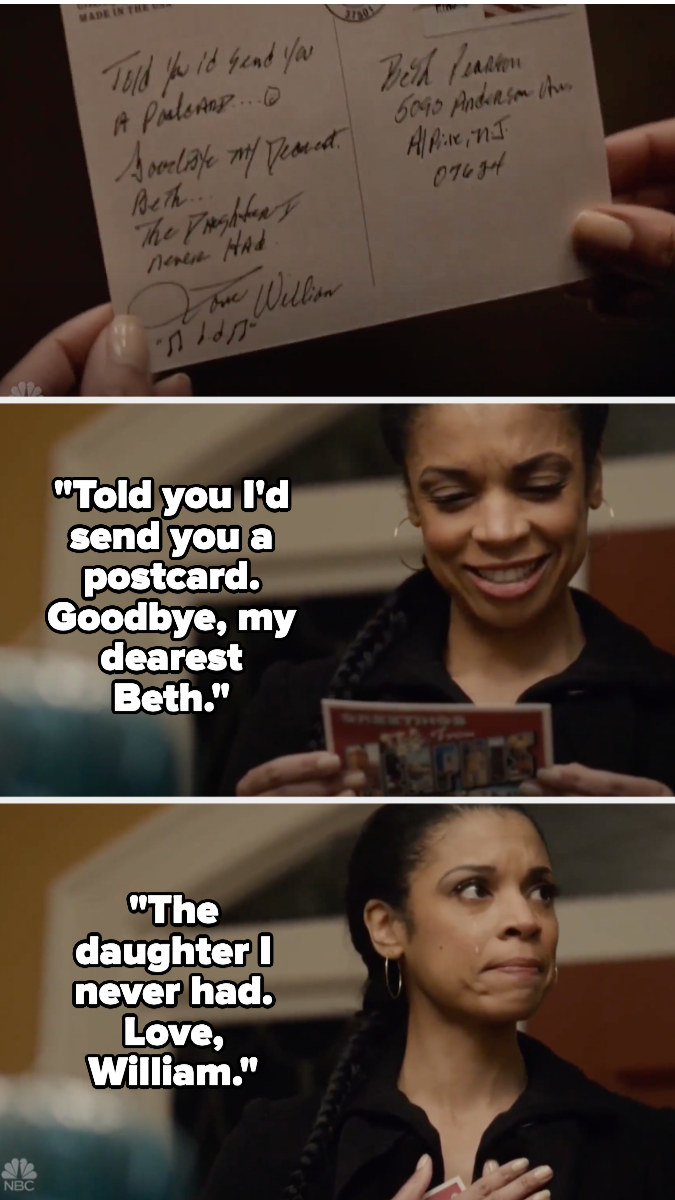 Beth looks at the postcard smiling and sad. It says &quot;Told you I&#x27;d send you a postcard. Goodbye, my dearest Beth, the daughter I never had&quot;