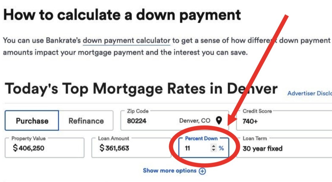 Screenshot showing a lower down payment