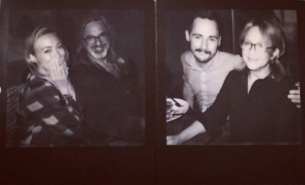 Black-and-white polaroid photos of Hilary and the cast