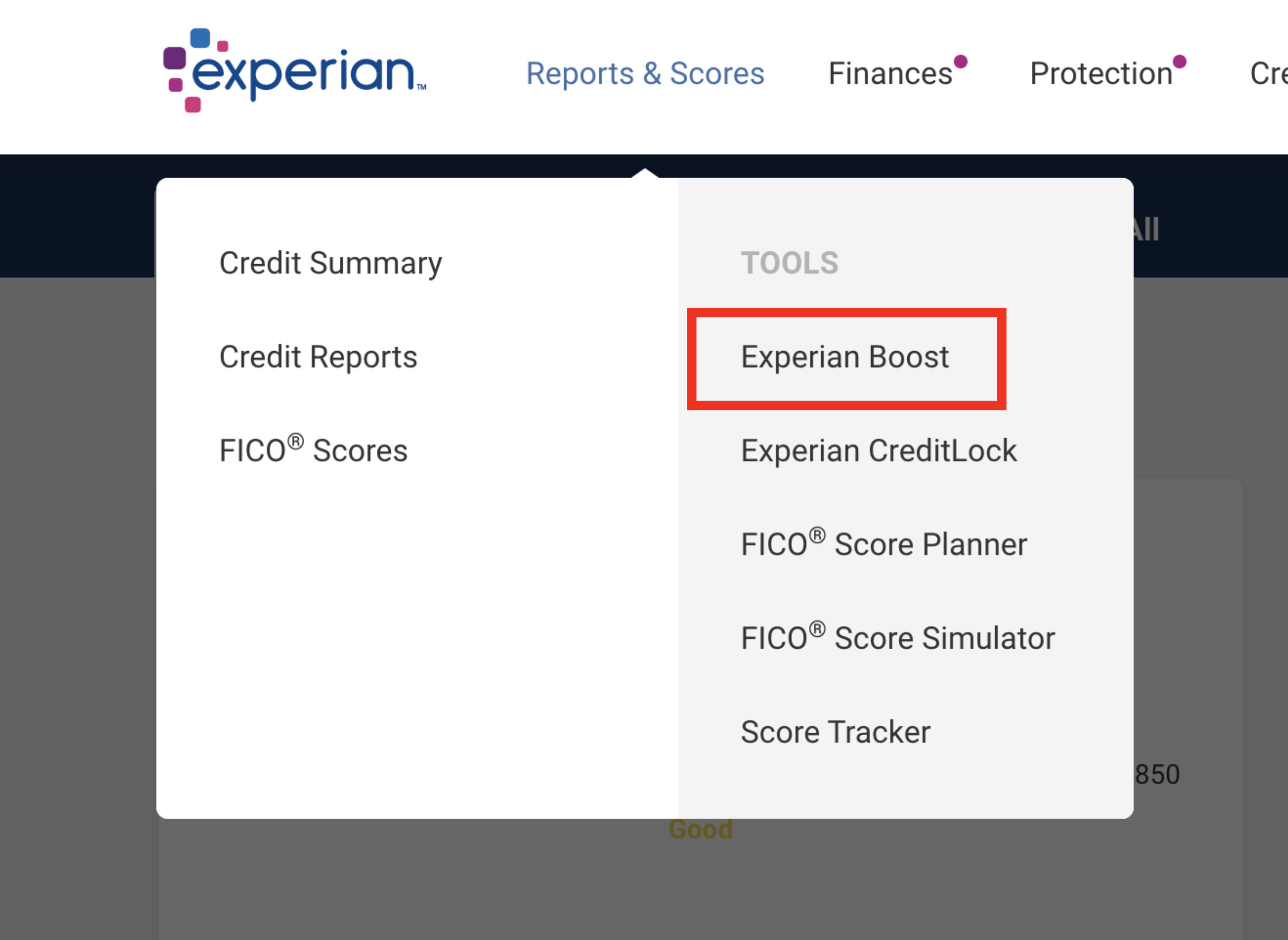 Experian website showing the Boost tool
