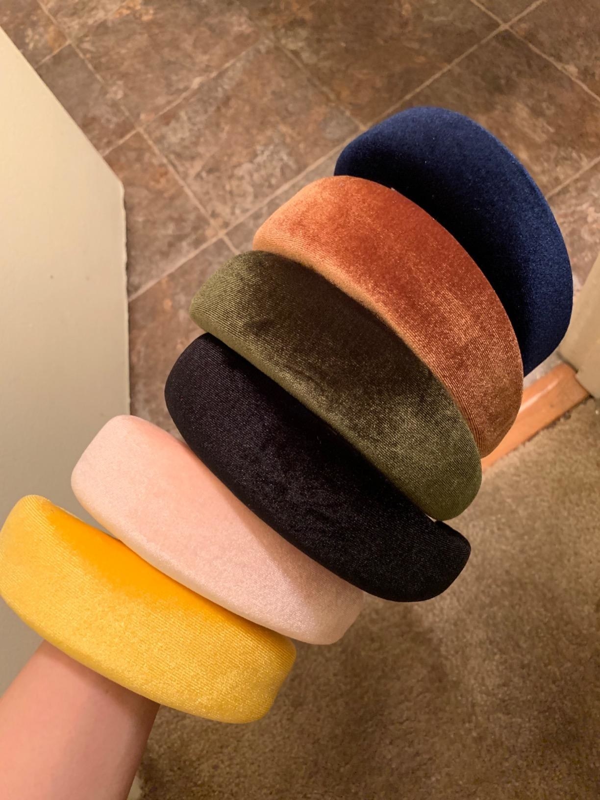 the velvet headbands in yellow pink black green brown and navy blue